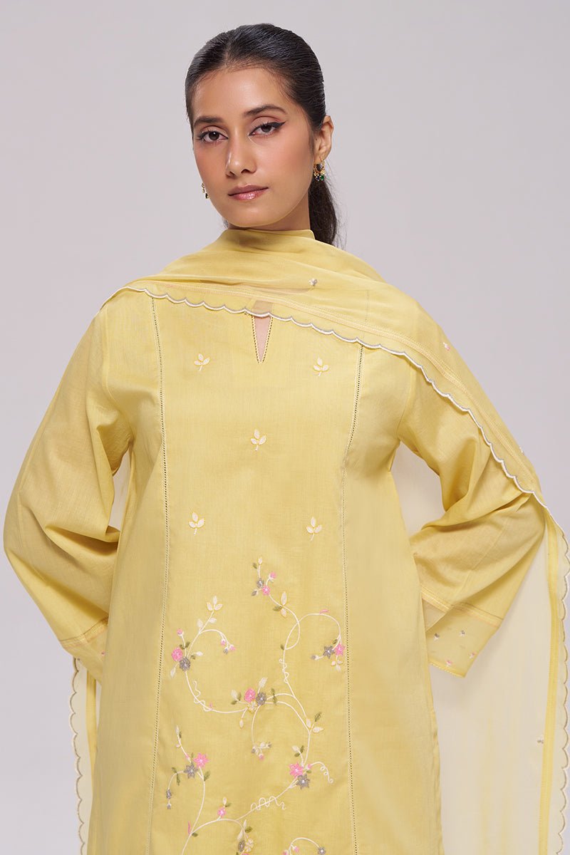 Sulphur Yellow Mul-Chanderi Kurta Set - Ganga Fashions