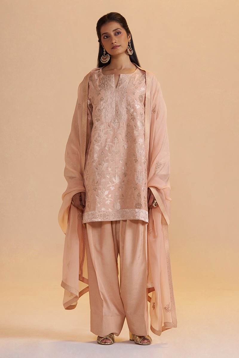 Blush Peach Pure Banarasi Jacquard Kurta Set - Ganga Fashions