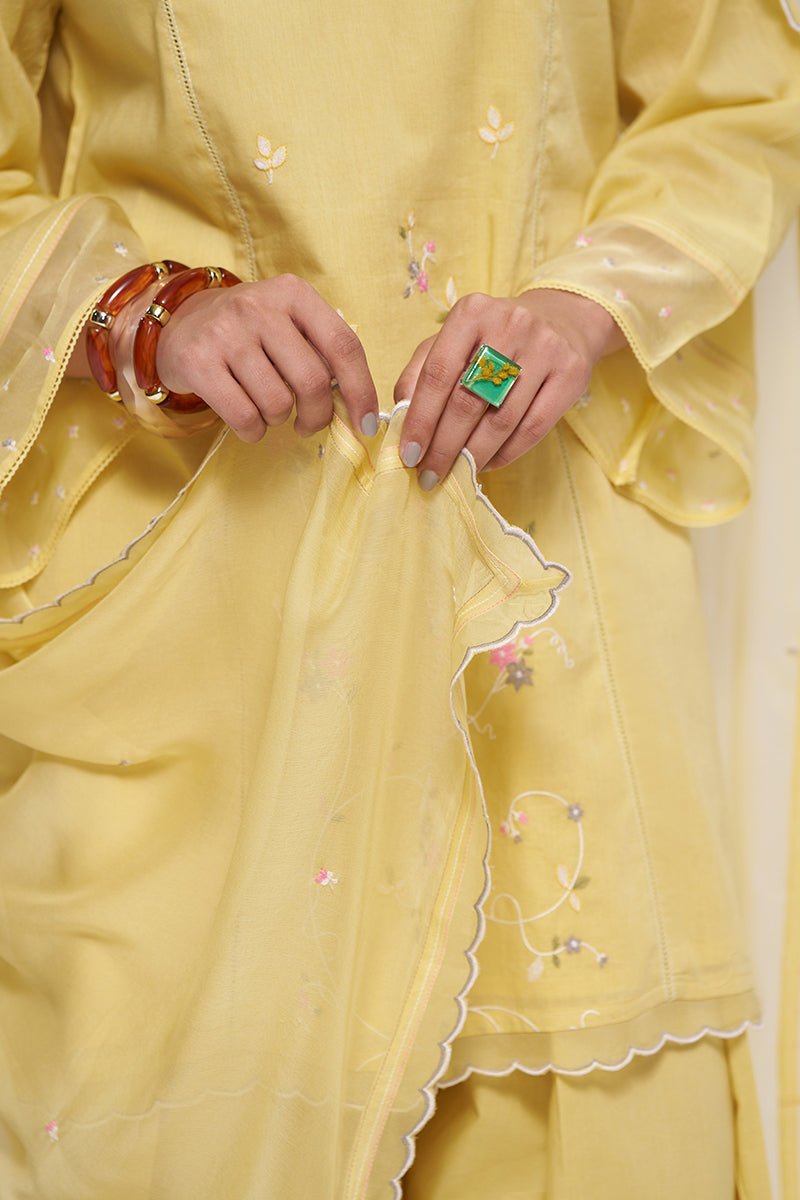 Sulphur Yellow Mul-Chanderi Kurta Set - Ganga Fashions