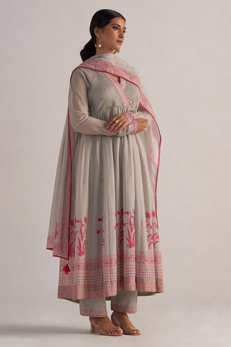 Grey Mul-Mul Anarkali Kurta Set