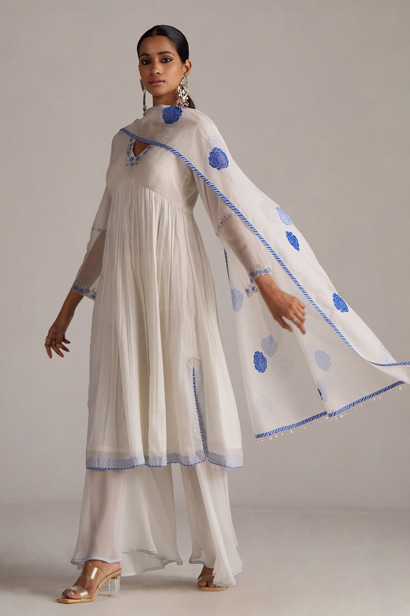 Marshmellow and Cobalt Blue Chanderi Kurta Set