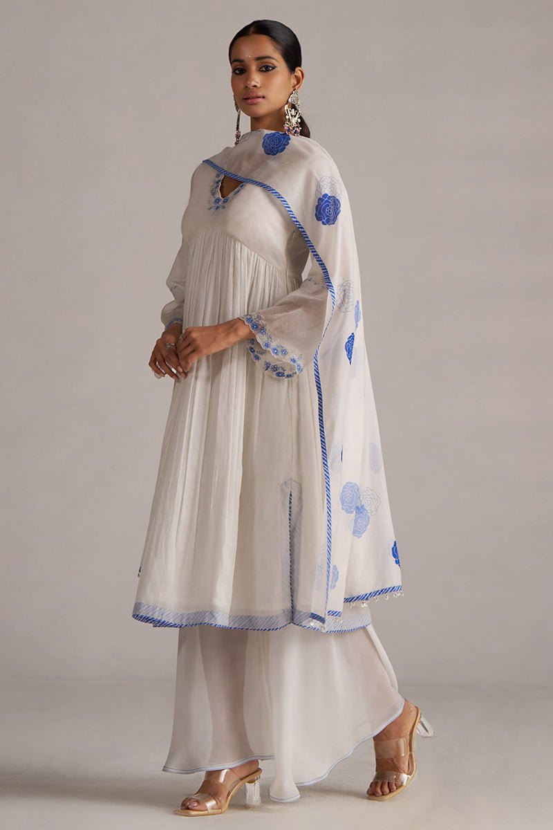 Marshmellow and Cobalt Blue Chanderi Kurta Set