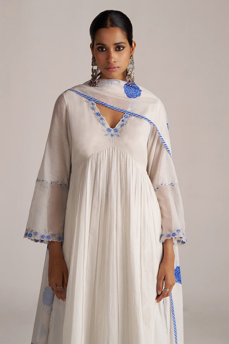 Marshmellow and Cobalt Blue Chanderi Kurta Set