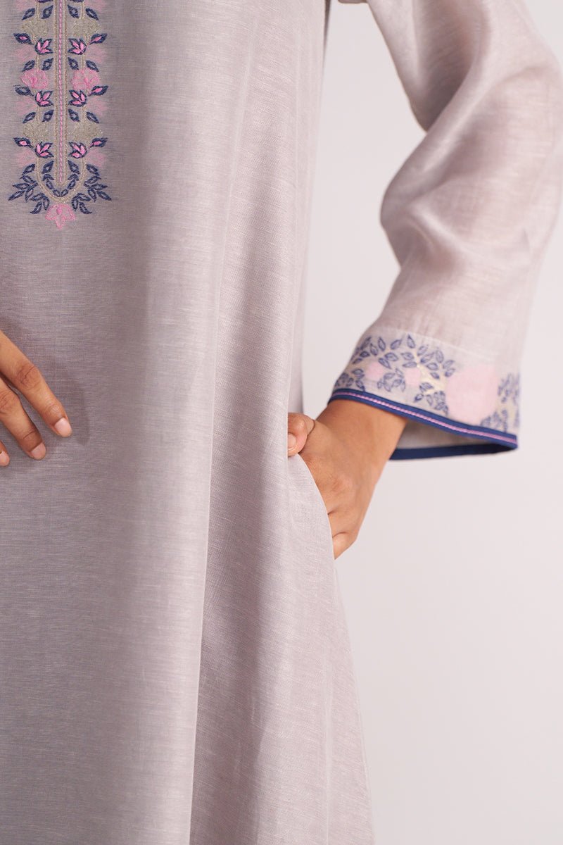 Grey Woven Kurta Set with floral embroidery on a plain background