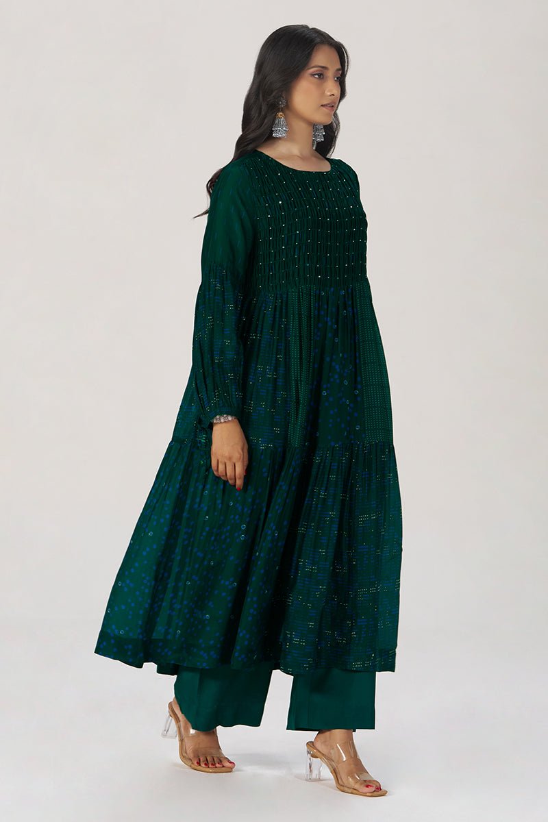 Deep Green Panelled Festive Co-ord Set - Ganga Fashions