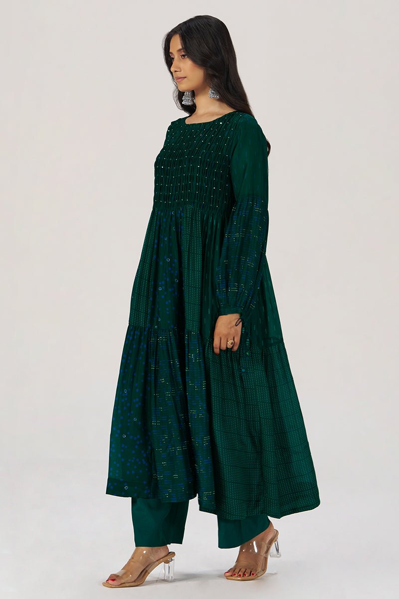Deep Green Panelled Festive Co-ord Set - Ganga Fashions