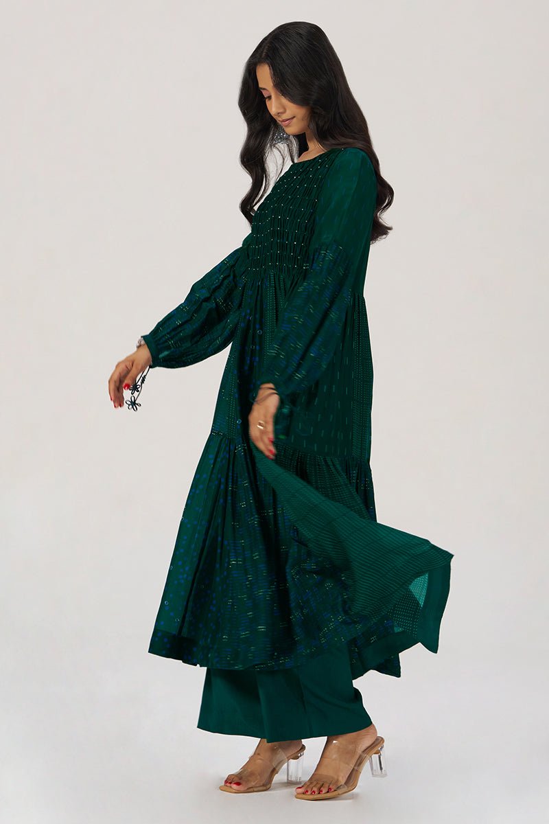 Deep Green Panelled Festive Co-ord Set - Ganga Fashions