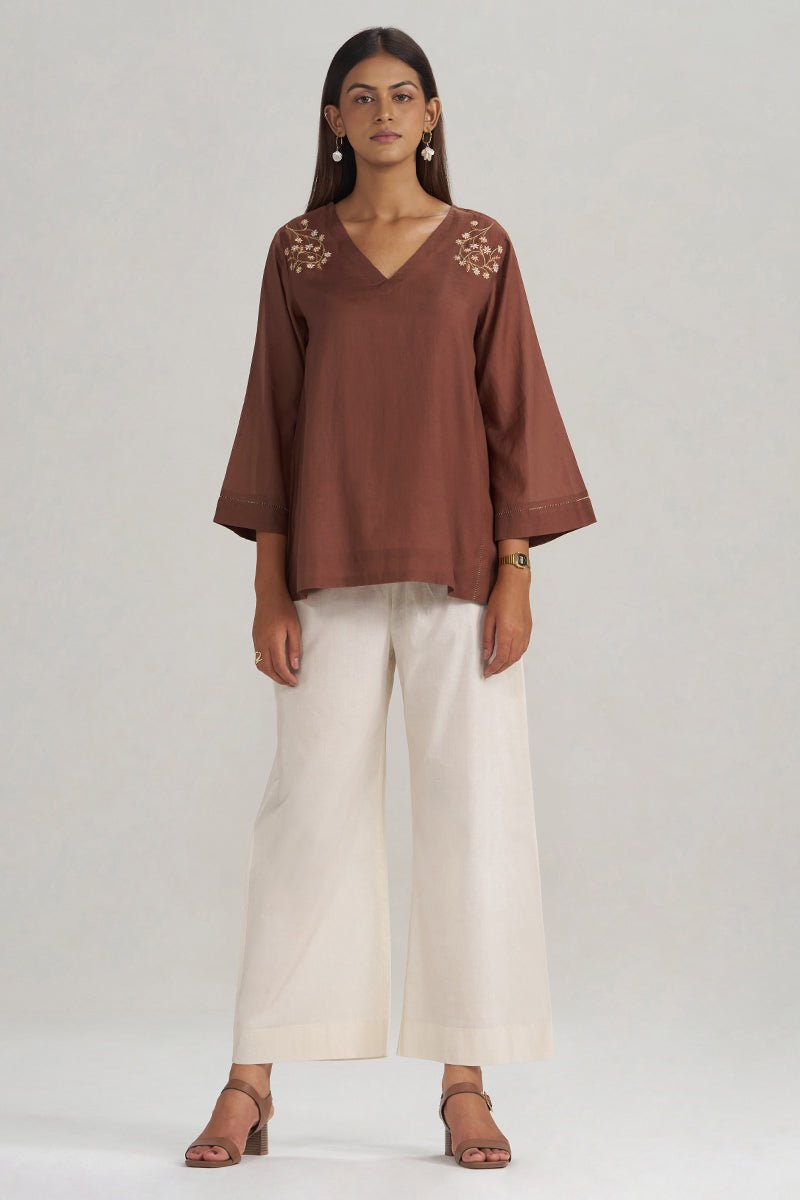 Cocoa Brown Embroidered Mul-Mul Tunic - Ganga Fashions