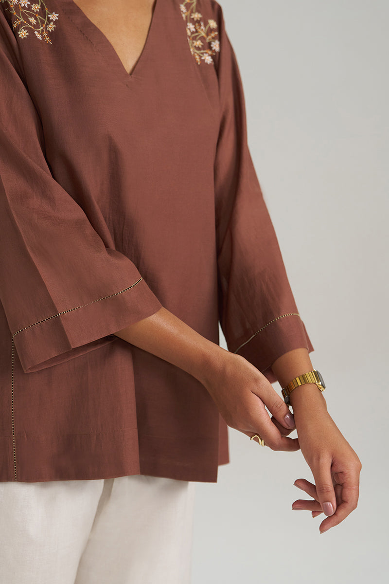 Cocoa Brown Embroidered Mul-Mul Tunic