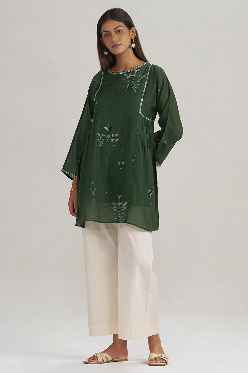 Mehndi Green Hand-Printed Mul-Mul Tunic