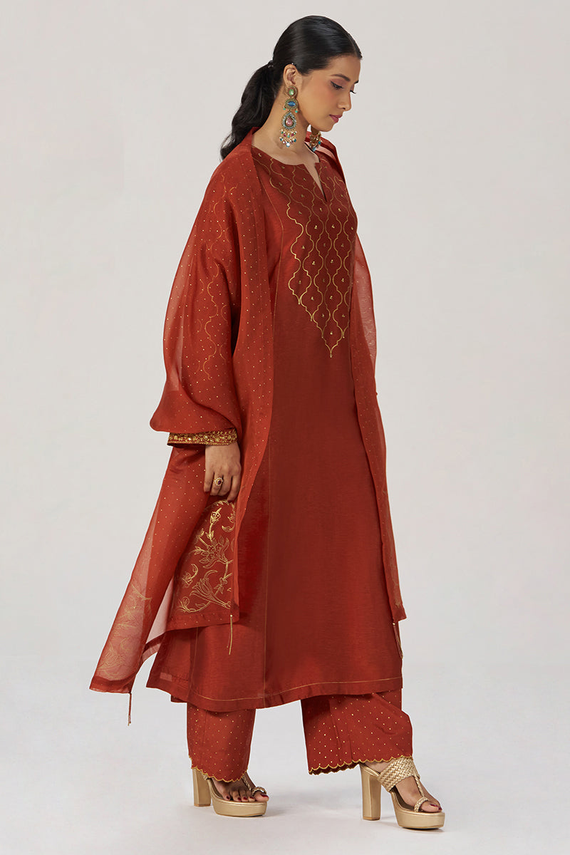 Rust Raw Silk Festive Kurta Set