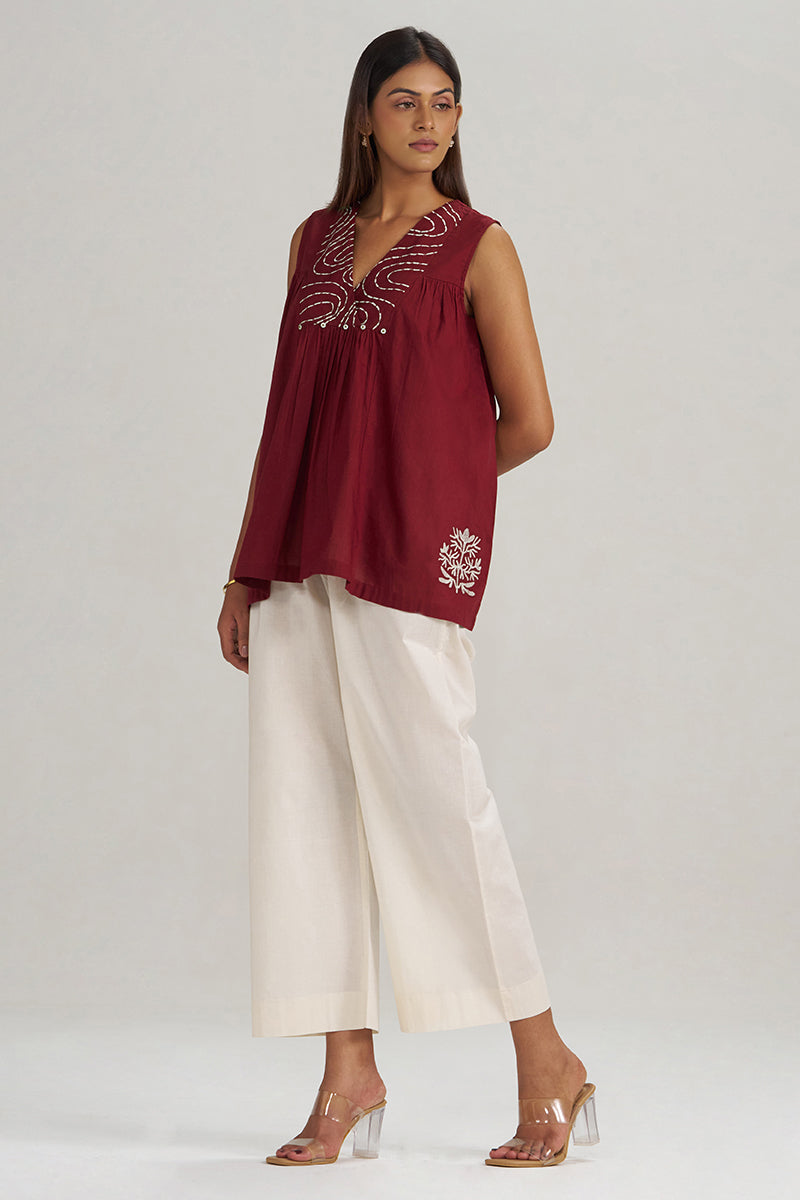 Maroon Embroidered Mul-Mul Tunic