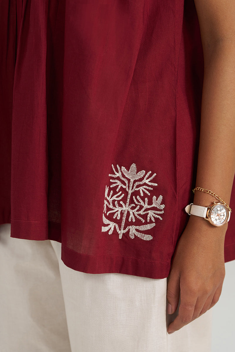 Maroon Embroidered Mul-Mul Tunic