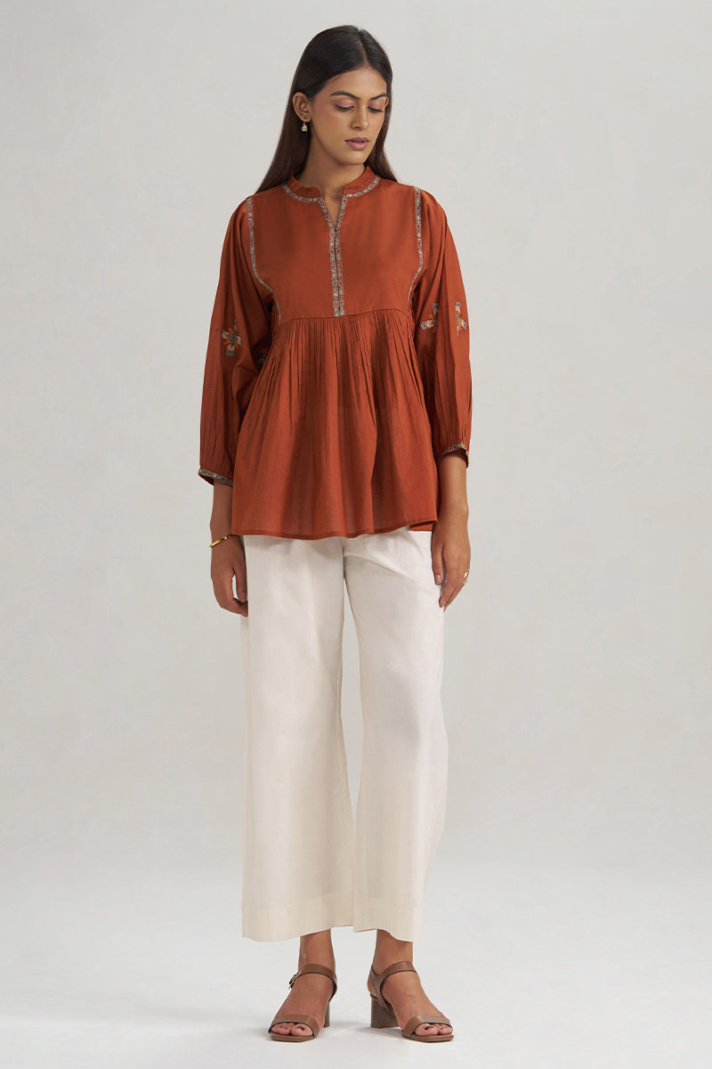 Rust Embroidered Mul-Mul Tunic