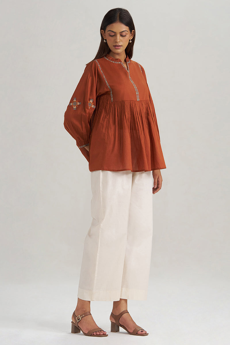 Rust Embroidered Mul-Mul Tunic