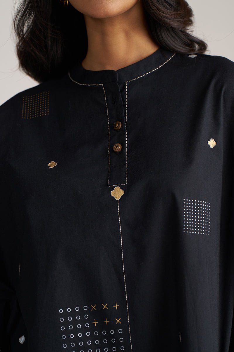 Black shirt with decorative buttons and patterns on a neutral background, Black Cotton Co-ord Set for Women | Rangmanch | Ganga Fashions
