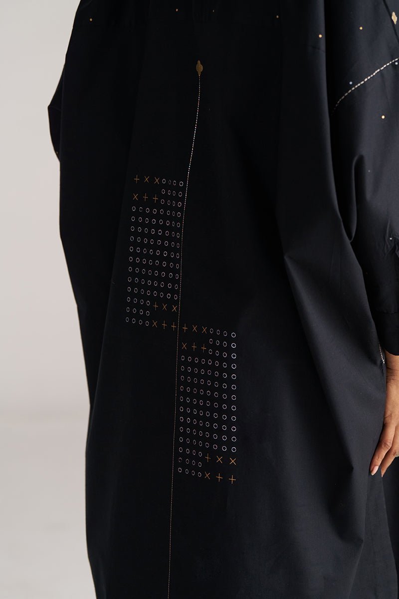 Black abaya with decorative patterns on a light gray background, Black Cotton Co-ord Set for Women | Rangmanch | Ganga Fashions