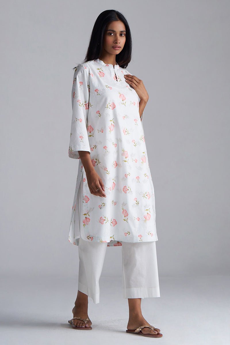 White Print and Embroidered Cotton Co-ord Set