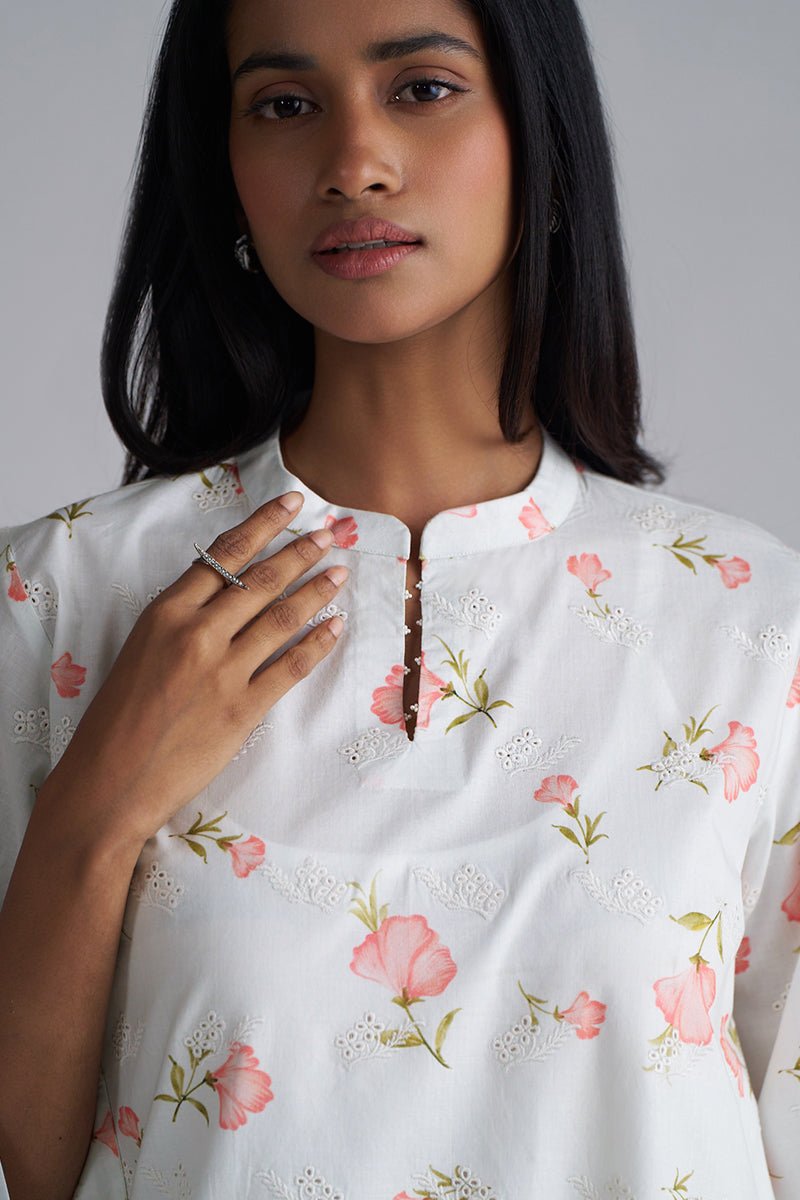White Print and Embroidered Cotton Co-ord Set