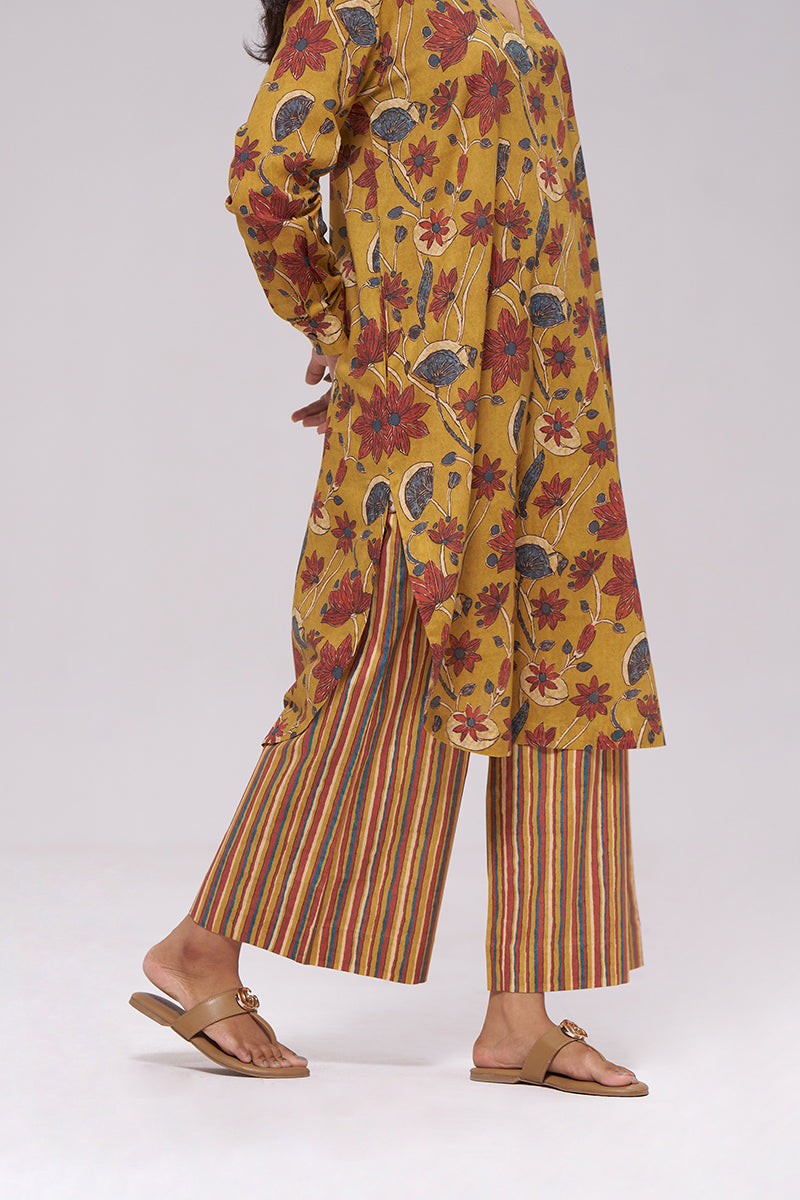 Mustard and Brick Red Floral Kurta and Stripe Bottom Set