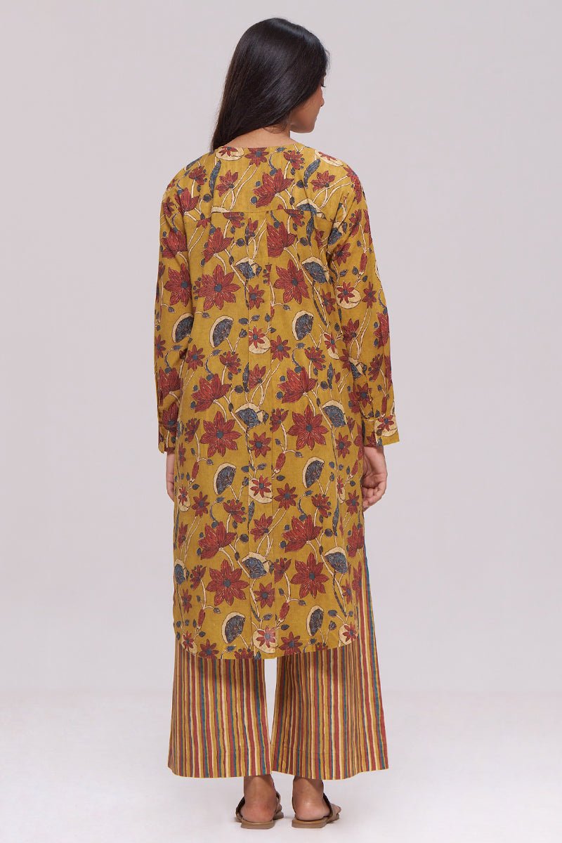 Mustard and Brick Red Floral Kurta and Stripe Bottom Set - Ganga Fashions
