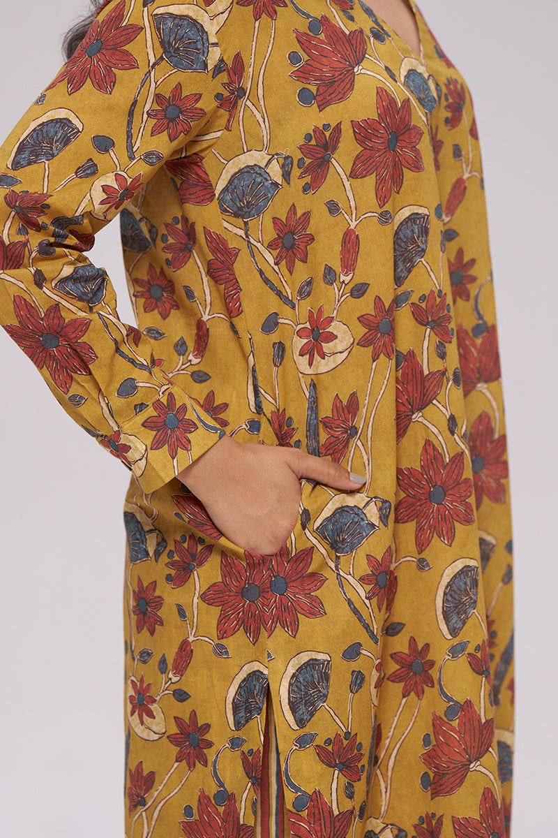 Mustard and Brick Red Floral Kurta and Stripe Bottom Set