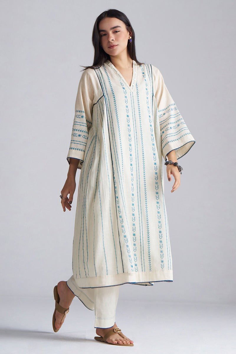 Ivory With Blue Cotton Linen Co-ord Set