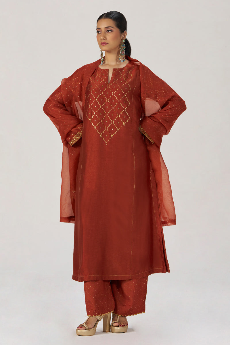 Rust Raw Silk Festive Kurta Set