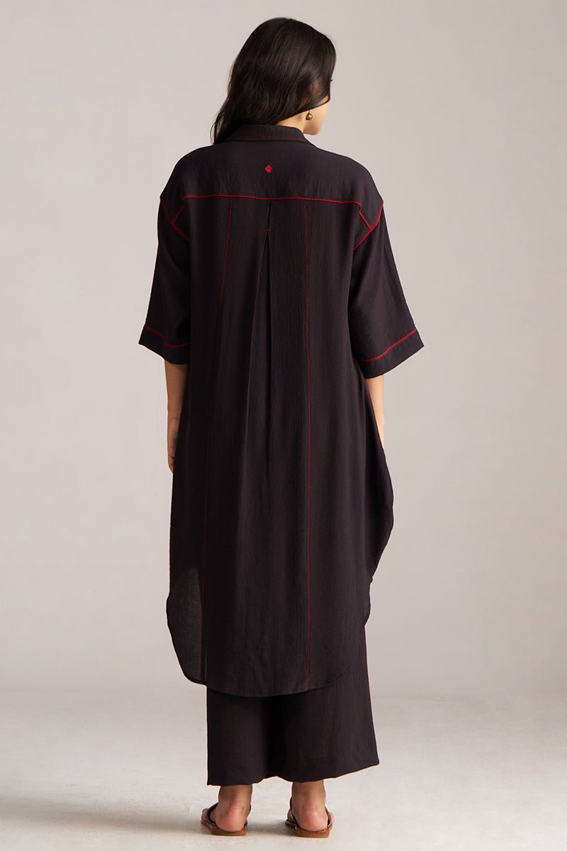 Woman wearing a black dress with red accents on a plain background, Black Co-ord Set for Women | Rangmanch Collection | Ganga Fashions