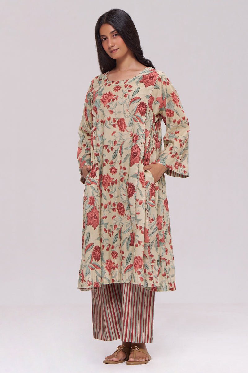 Vintage Beige and Rose Floral Print Kurta and Stripe Bottom Set - Ganga Fashions