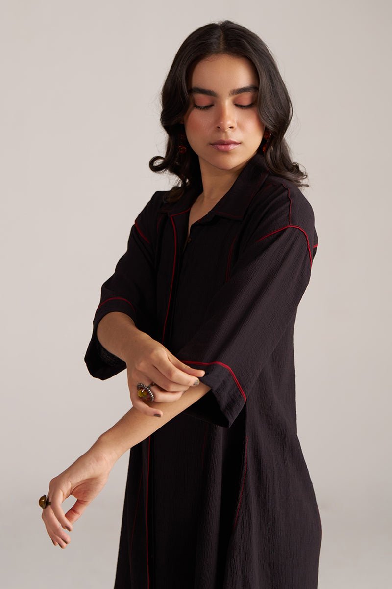 Woman wearing a black dress with red trim against a plain background, Black Co-ord Set for Women | Rangmanch Collection | Ganga Fashions