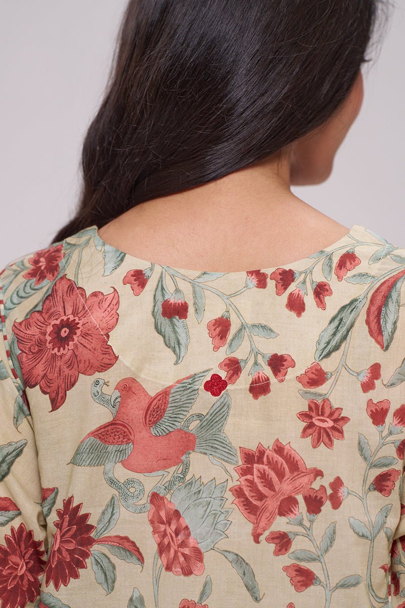Vintage Beige and Rose Floral Print Kurta and Stripe Bottom Set - Ganga Fashions