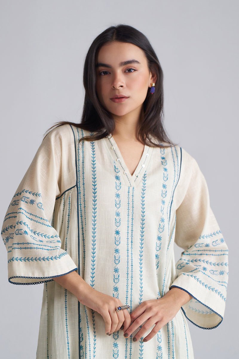 Ivory With Blue Cotton Linen Co-ord Set