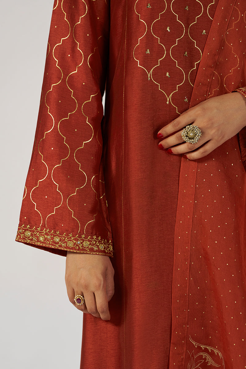 Rust Raw Silk Festive Kurta Set