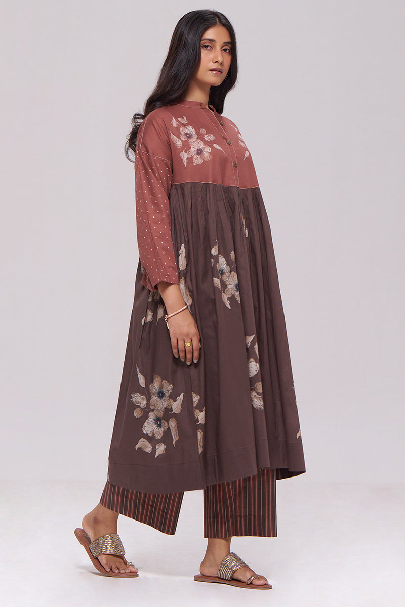 Rust and Warm Cocoa Floral Kurta With Stripe Bottom Set