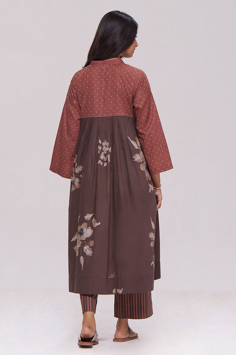 Rust and Warm Cocoa Floral Kurta With Stripe Bottom Set - Ganga Fashions