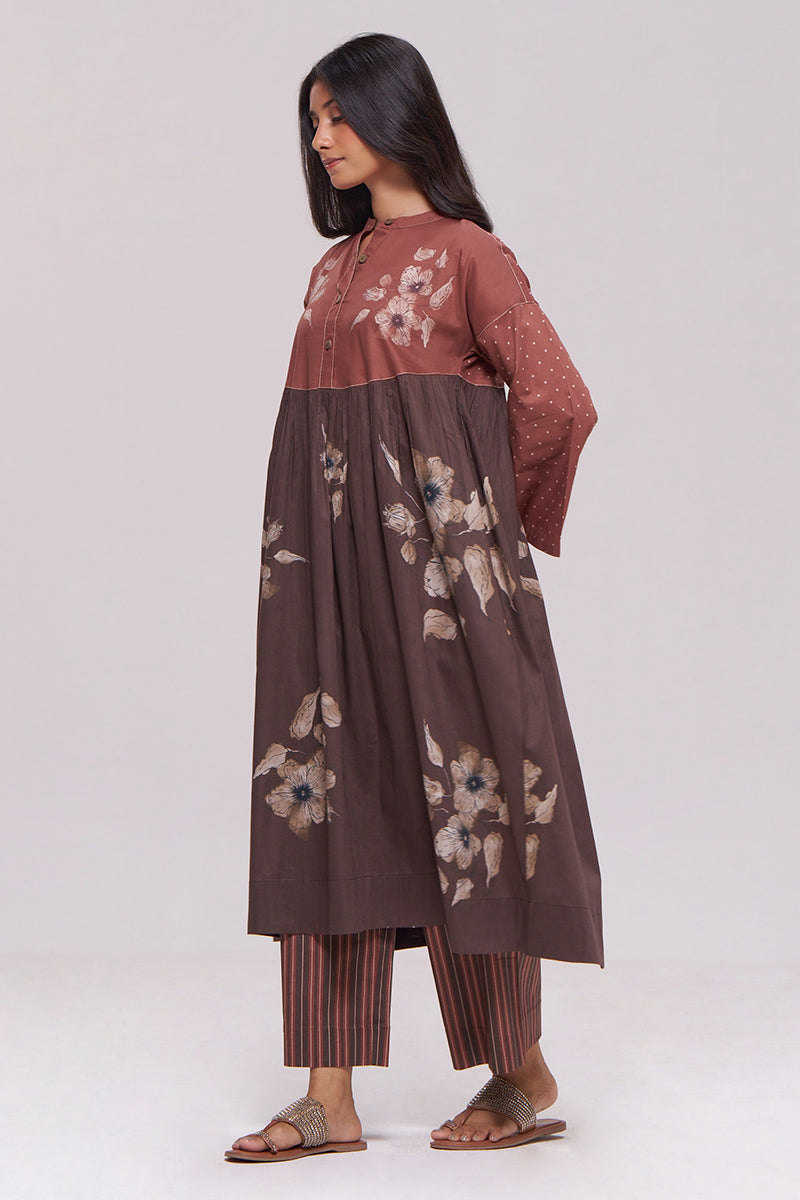 Rust and Warm Cocoa Floral Kurta With Stripe Bottom Set