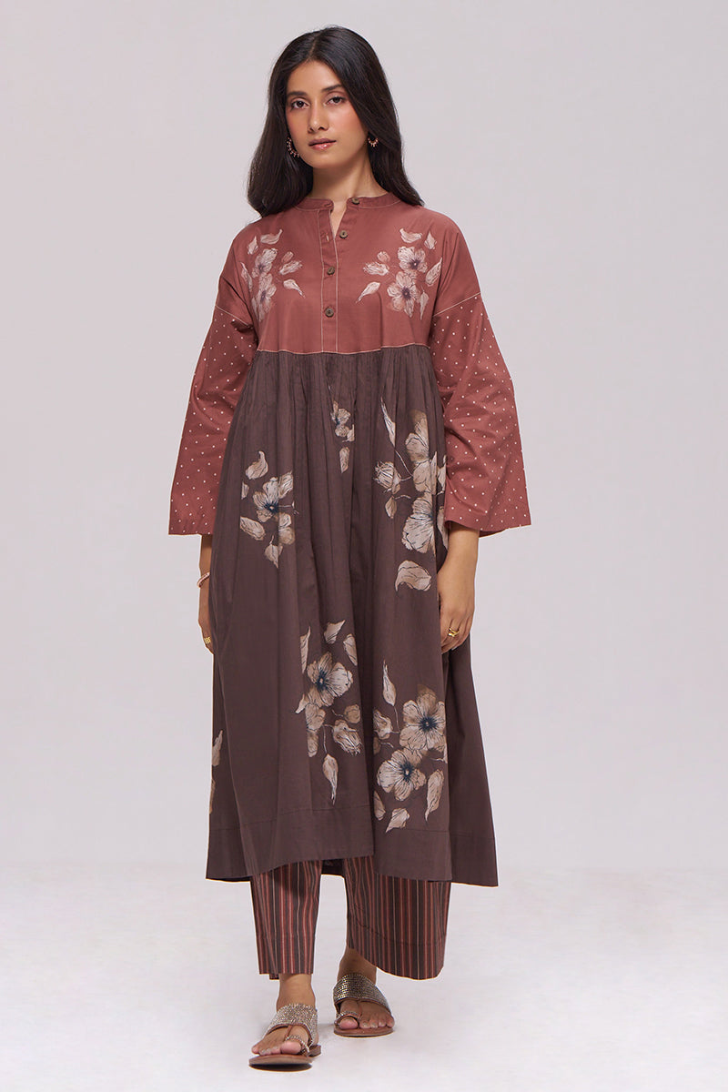 Rust and Warm Cocoa Floral Kurta With Stripe Bottom Set