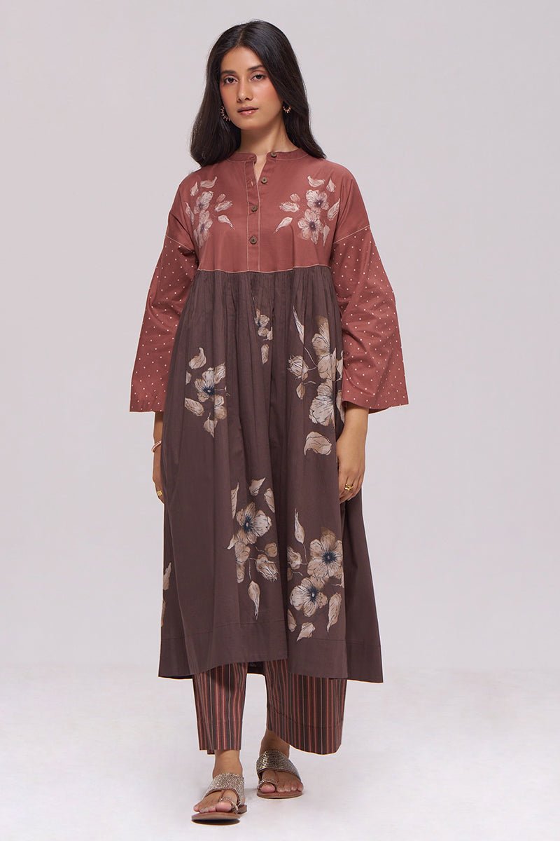 Rust and Warm Cocoa Floral Kurta With Stripe Bottom Set - Ganga Fashions