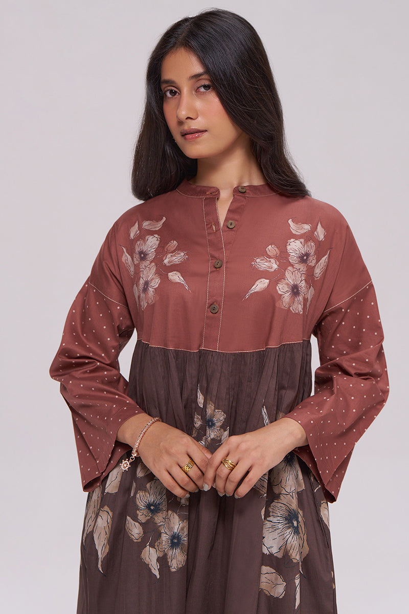 Rust and Warm Cocoa Floral Kurta With Stripe Bottom Set