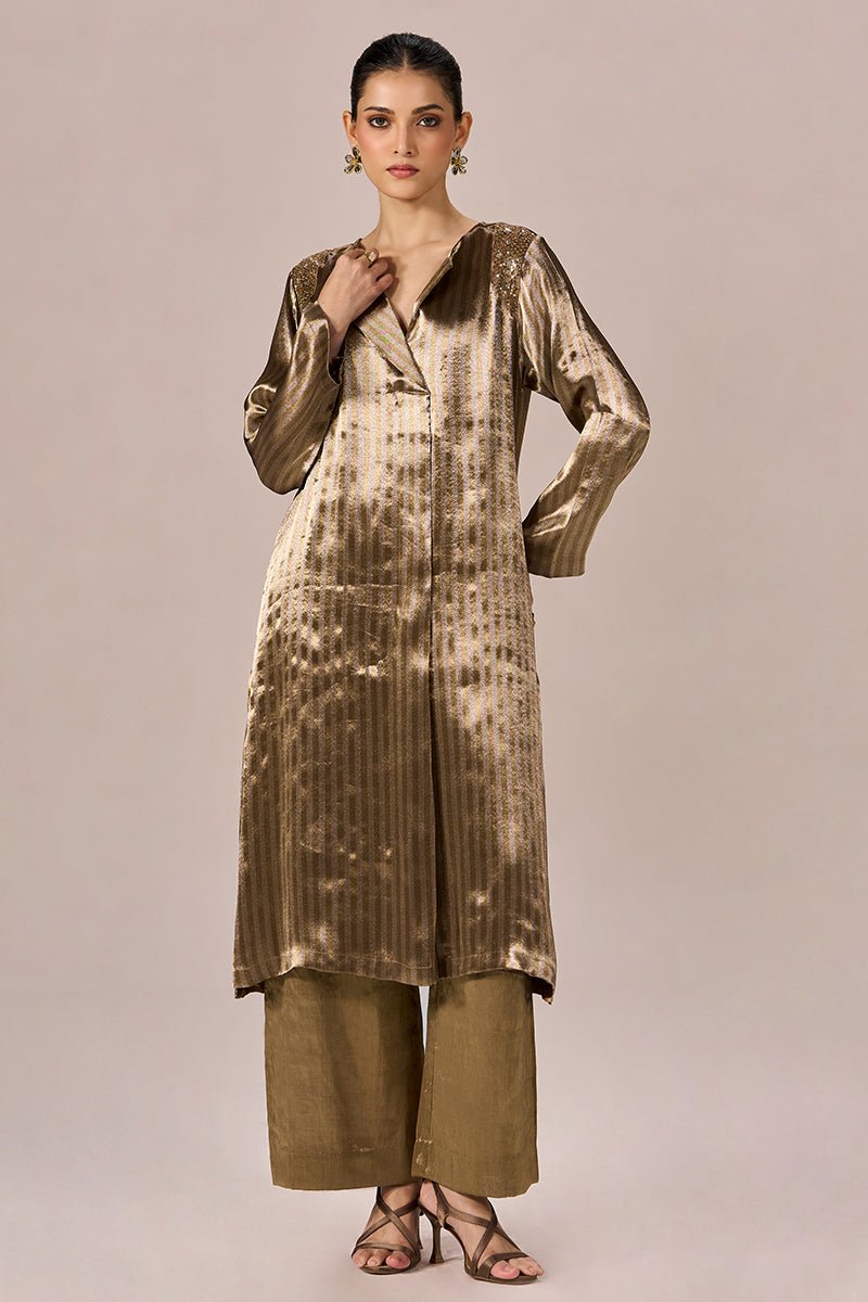 Brass and Light Gold Stripe Tissue Festive Co-ord Set - Ganga Fashions