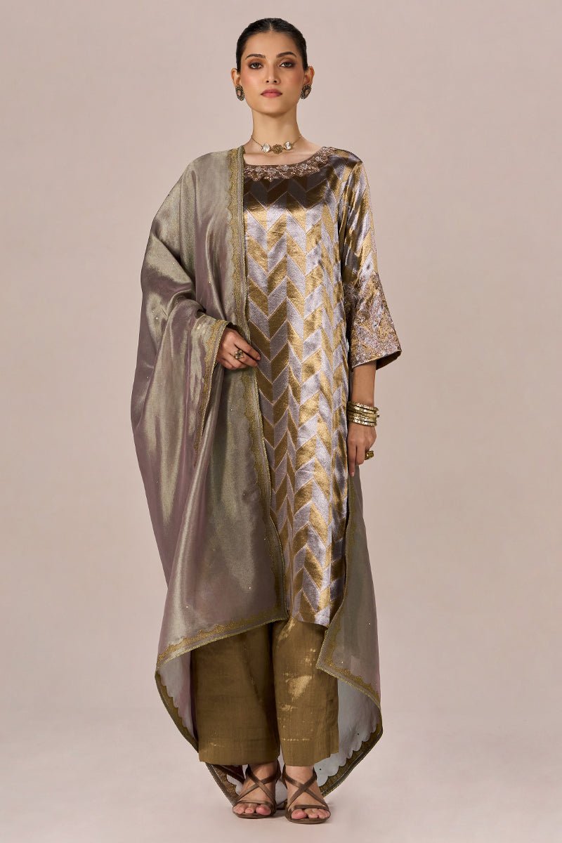 Brass and Light Gold Tissue Festive Kurta Set - Ganga Fashions