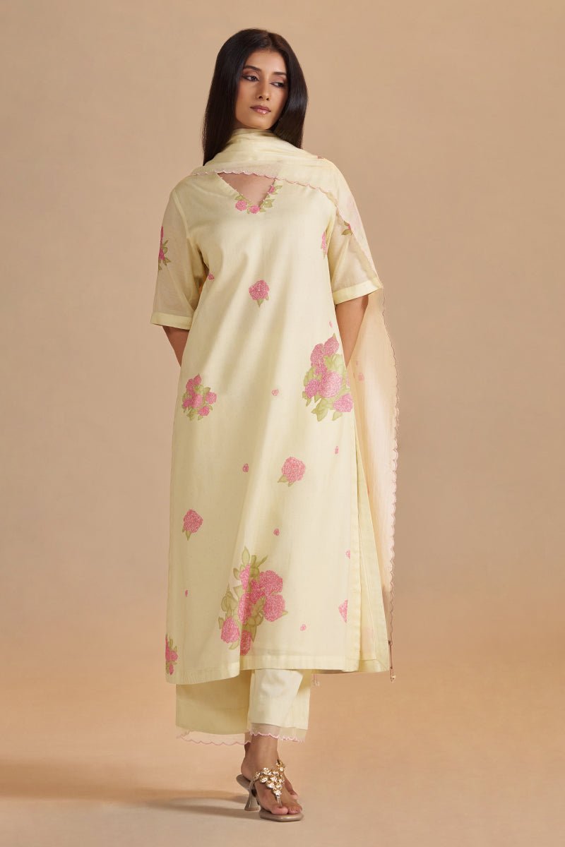 Butter Yellow Mul-Chanderi Kurta Set - Ganga Fashions