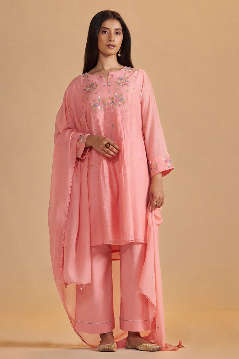 Coral Almond Chanderi Festive Kurta Set - Ganga Fashions