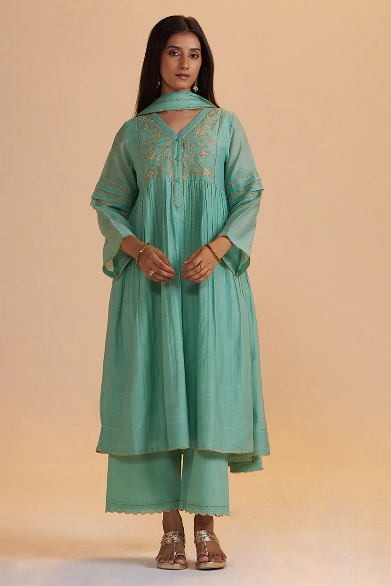 Dusty Jade Green Silk Festive Kurta Set - Ganga Fashions