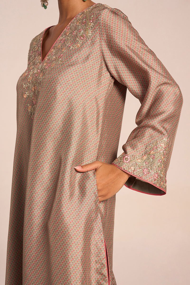 Grey Print and Embroidered Festive Co-ord Set - Ganga Fashions