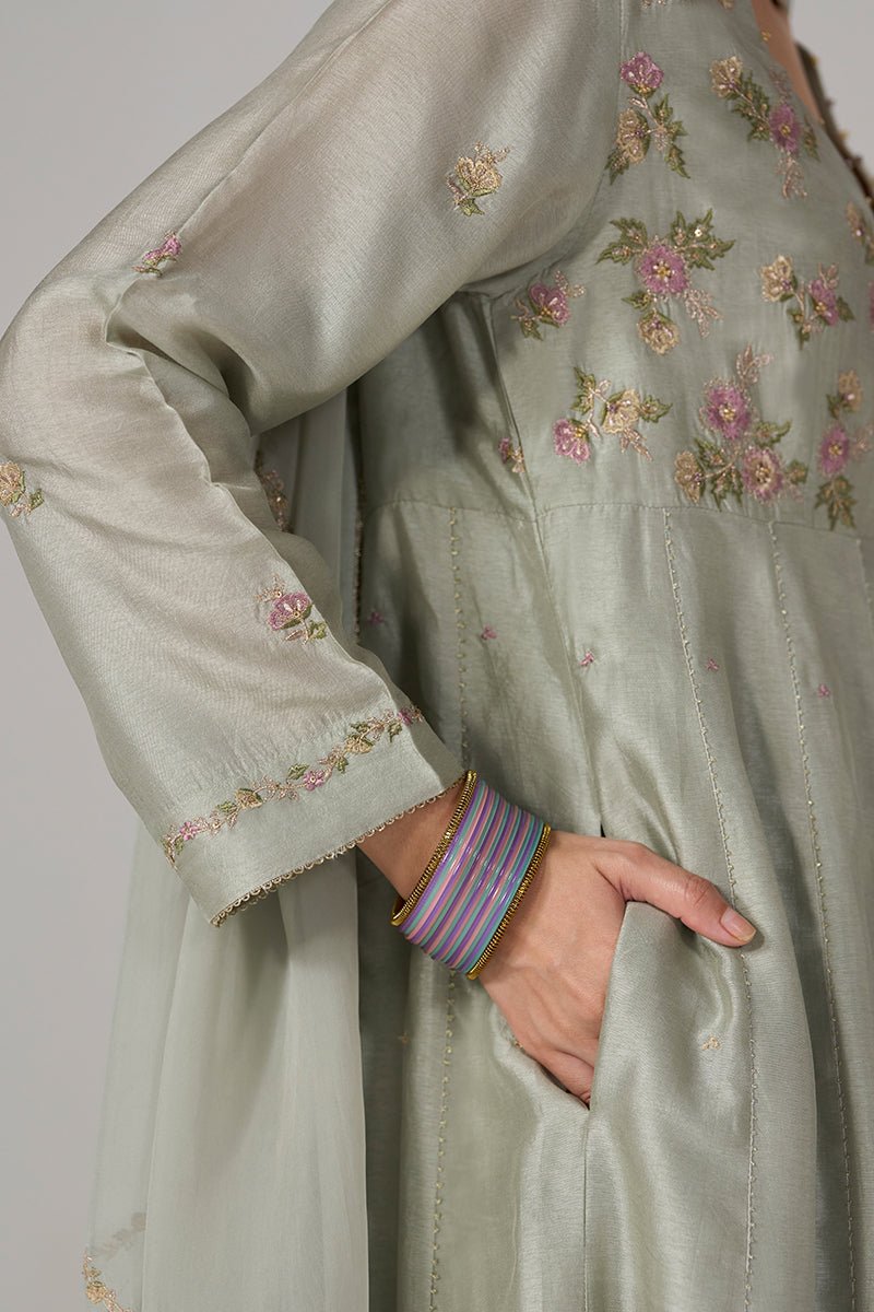 Silver Birch Grey Embroidered Festive Anarkali Set - Ganga Fashions