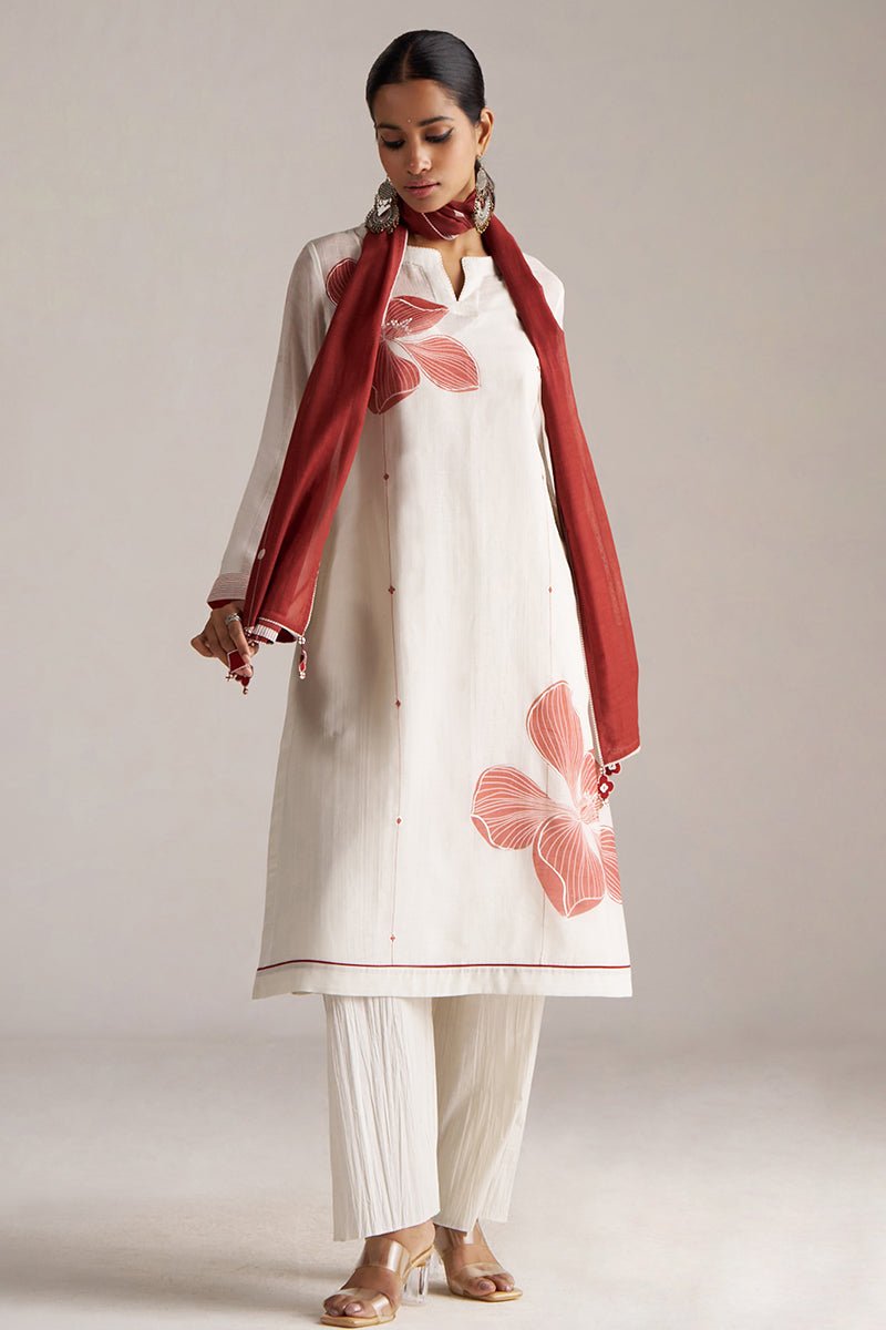 Ivory and Maroon Pure Chanderi Kurta Set