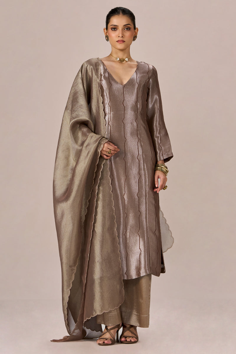 Light Brown and Soft Gold Tissue Festive kurta Set