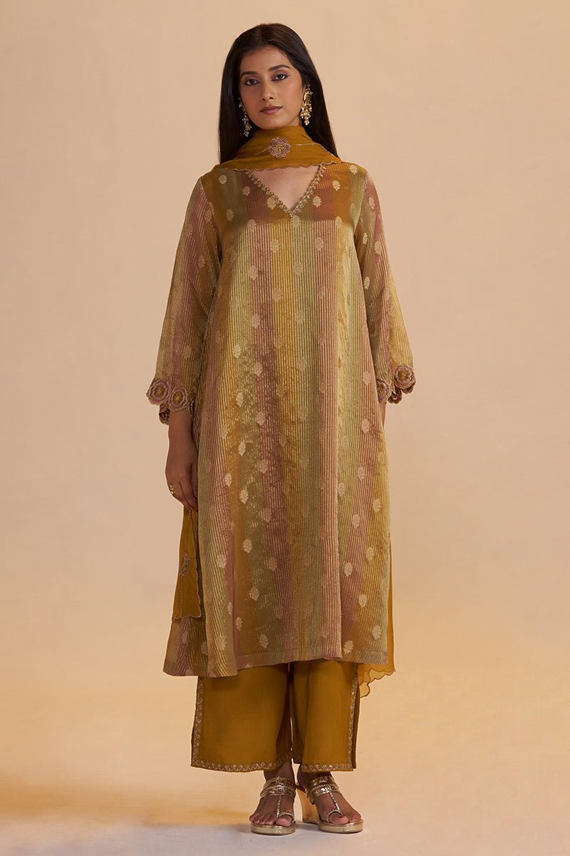 Mustard and Brown Zari Woven Festive Kurta Set - Ganga Fashions